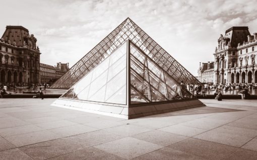 grayscale photo of Louvre Museum, Paris, France